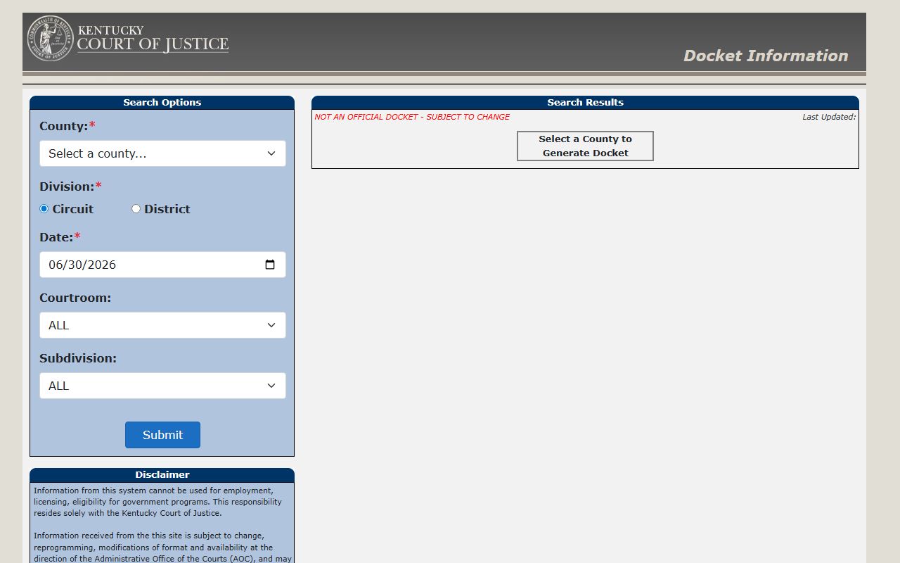 Harlan County court dockets Kentucky trial court docket search