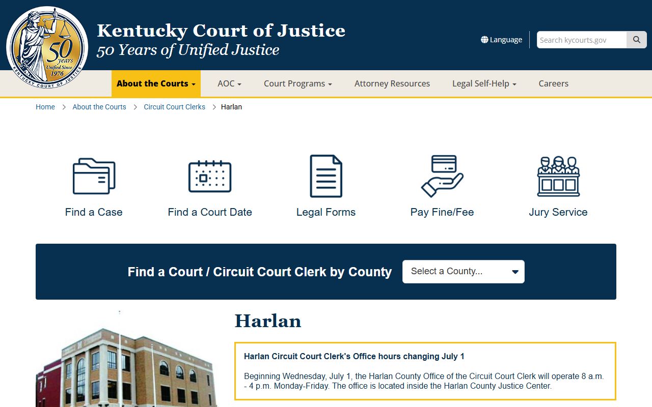 Harlan County court records Kentucky Court of Justice county page