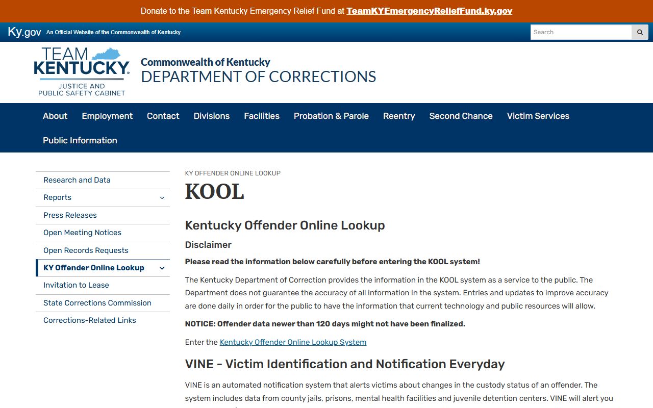Harlan County inmate records Kentucky DOC KOOL lookup