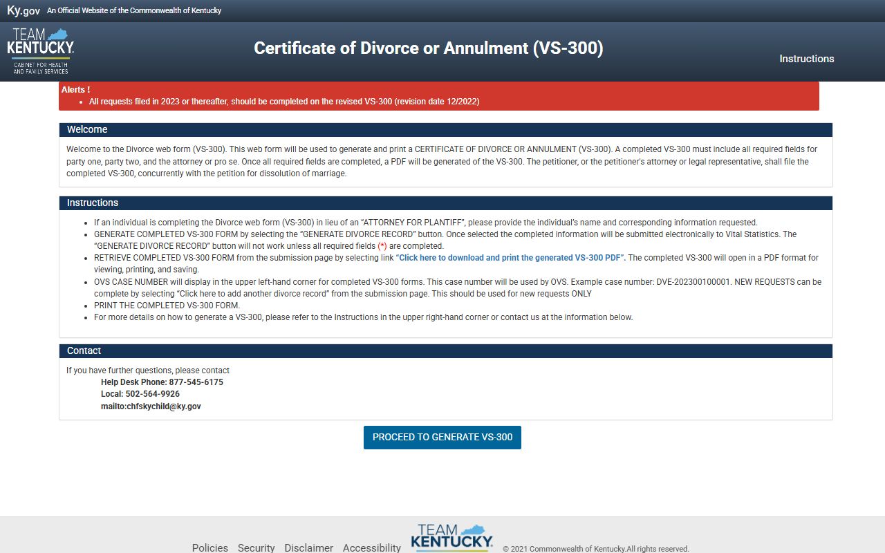 Harlan County divorce records Kentucky VS-300 form