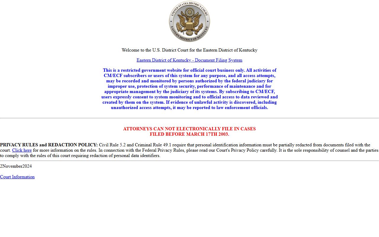 Harlan County warrant records Eastern District CM ECF federal access